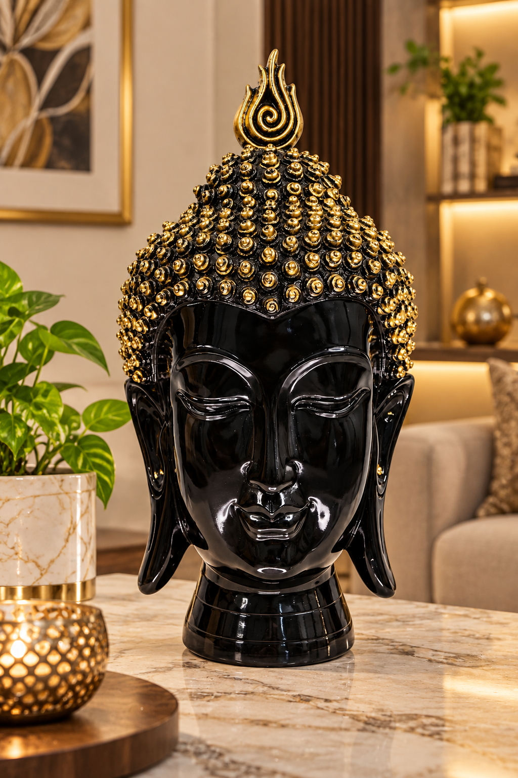 Buddha Face Statue-15 Inch (Black & Gold)