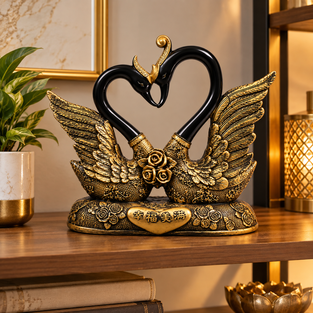 Elegant Duck Couple Decorative Set-12 Inches (Black & Gold)